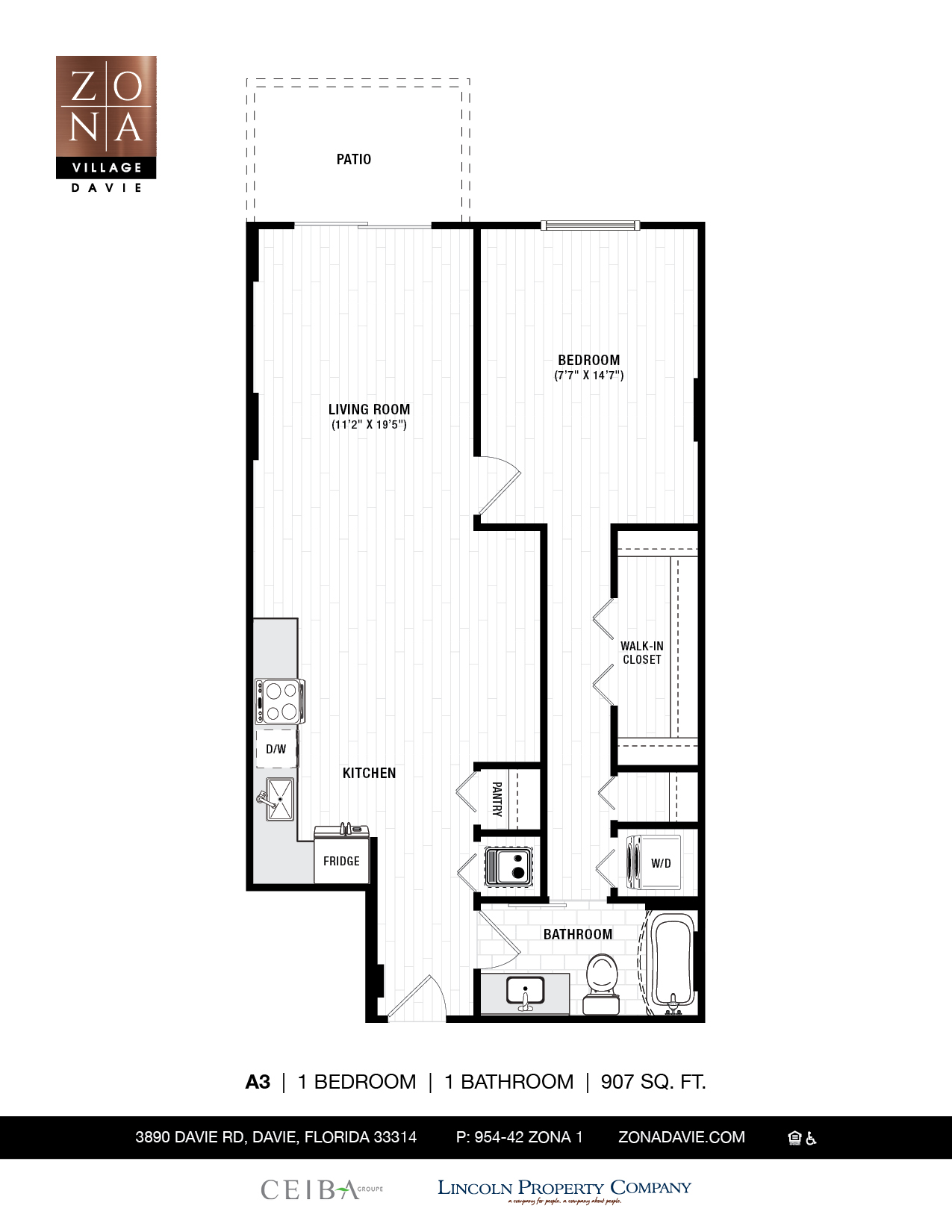 Floor plan for 1 bed, 1 bath, 907 sqft